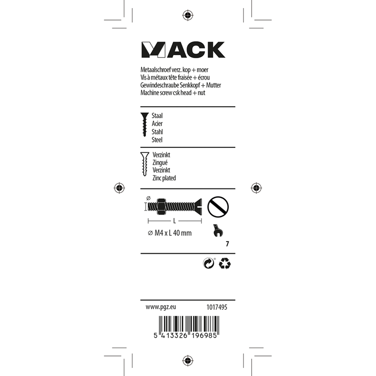 Mack 1017495 - metaalschroef verz. kop + moer verz. 12st m4 x 40 mm | 10 stuks