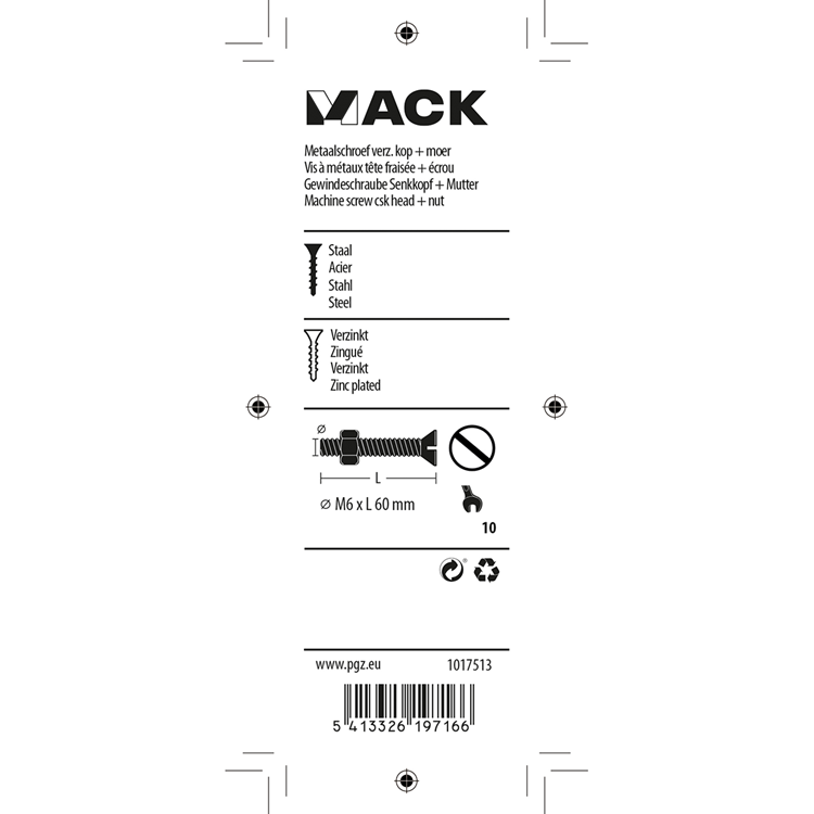 Mack 1017513 - metaalschroef verz. kop + moer verz. 5 st m6 x 60 mm | 10 stuks