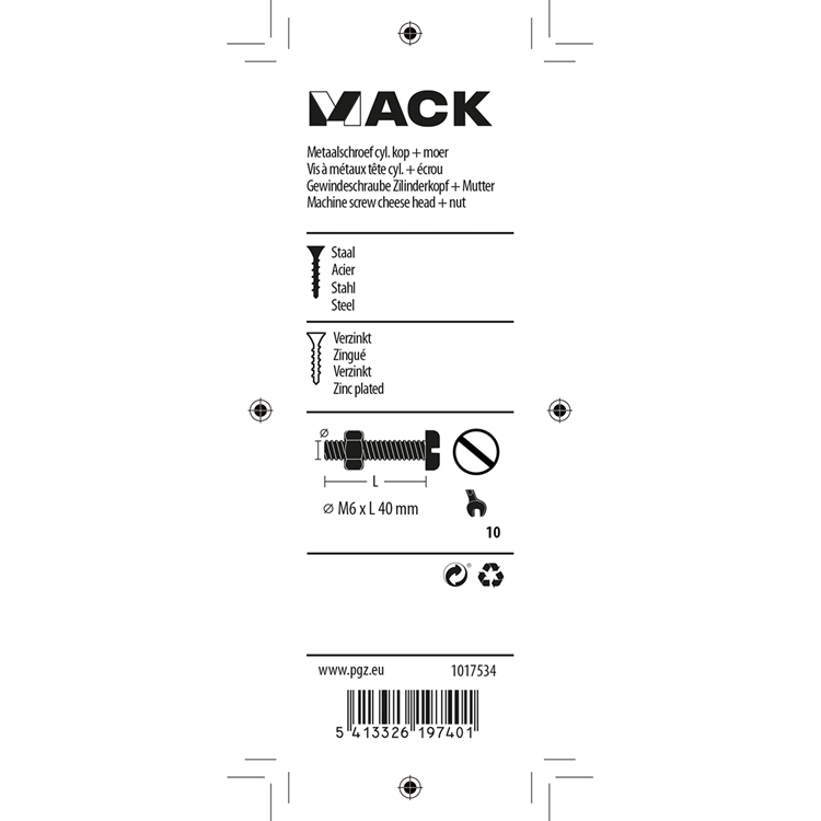 Mack 1017534 - metaalschroef cyl. kop + moer verz. 6 st m6 x 40 mm | 10 stuks