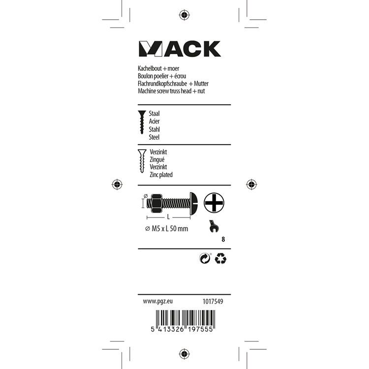 Mack 1017549 - kachelbout + moer staal verzinkt 8 st m5 x 50 mm | 5 stuks