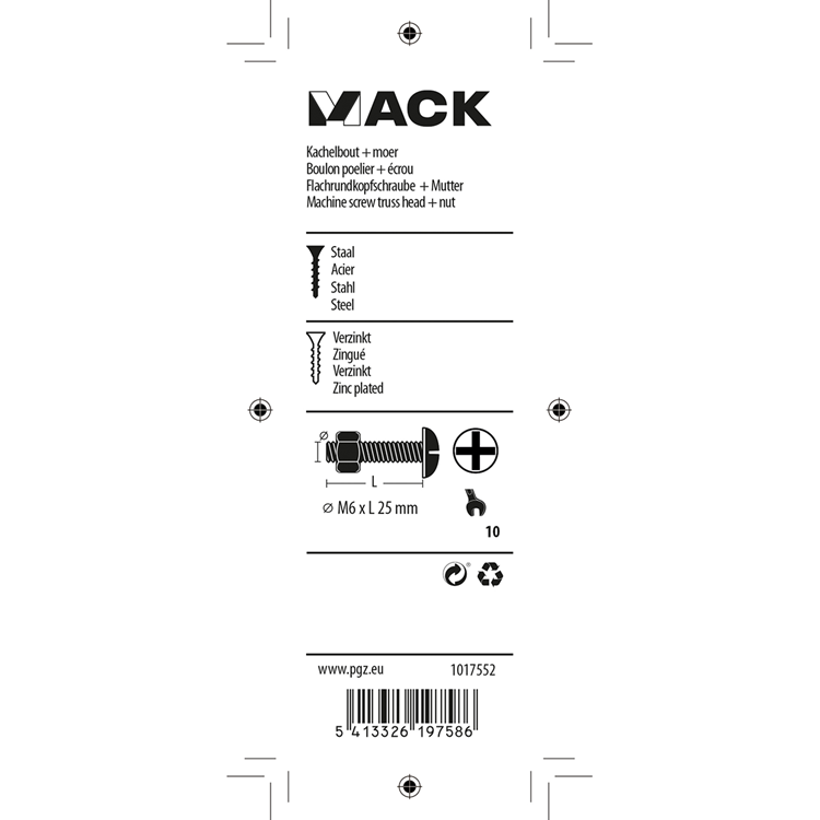 Mack 1017552 - kachelbout + moer staal verzinkt 8 st m6 x 25 mm | 5 stuks