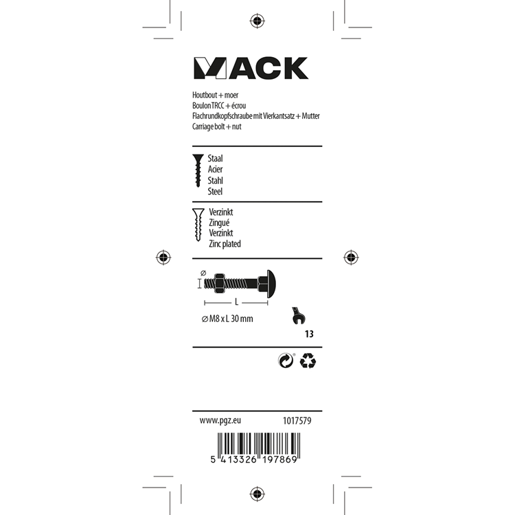 Mack 1017579 - houtbout + moer staal verzinkt6 st m8 x 30 mm | 5 stuks