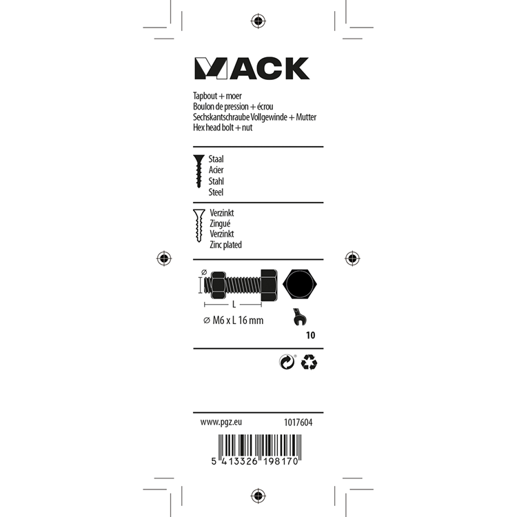 Mack 1017604 - tapbout + moer staal verzinkt 15 st m6 x 16 mm | 10 stuks
