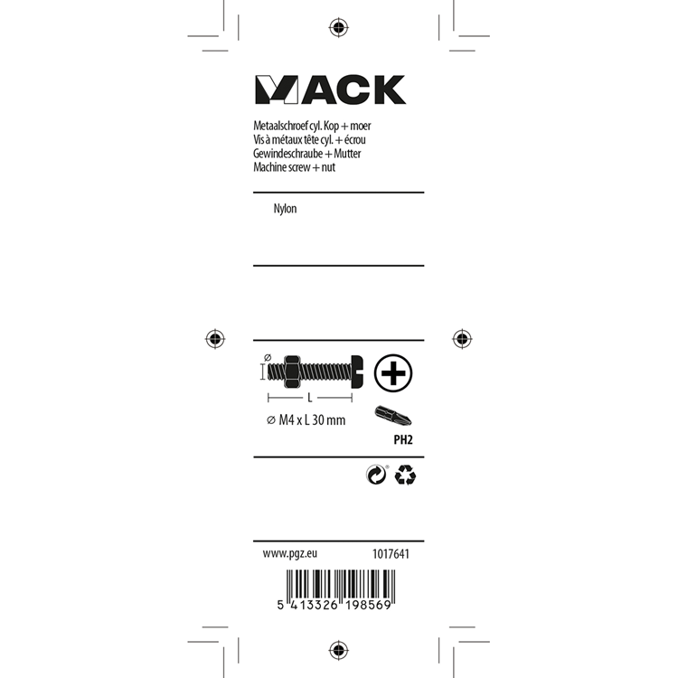 Mack 1017641 - metaalschroef cyl. kop + moer nylon 6 st m4 x 30 mm | 10 stuks
