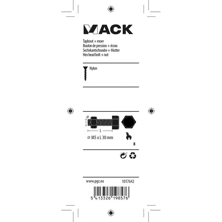 Mack 1017642 - tapbout + moer nylon 6 st m5 x 30 mm | 10 stuks