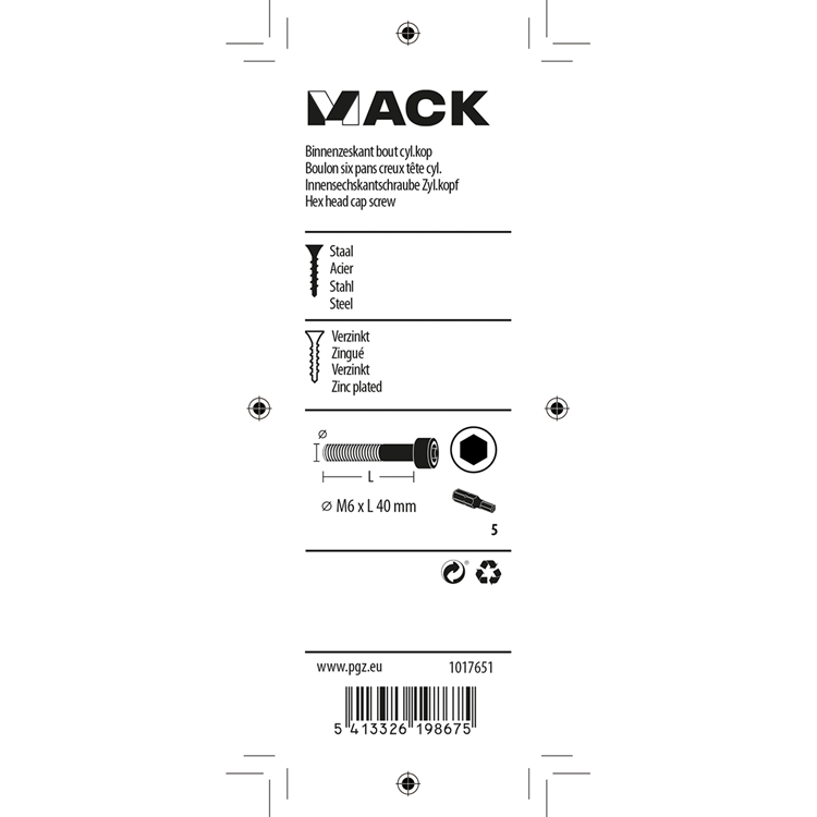 Mack 1017651 - binnenzeskant bout cyl.kop verz. 5 st m6 x 40 mm | 10 stuks