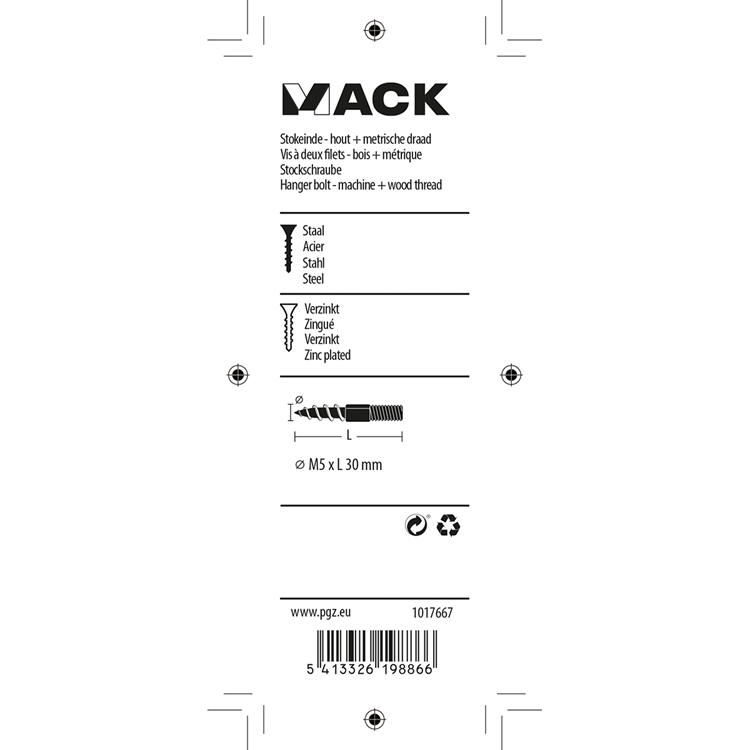 Mack 1017667 - stokeinde hout + metr. draad verz. 6 st m5x30 | 10 stuks