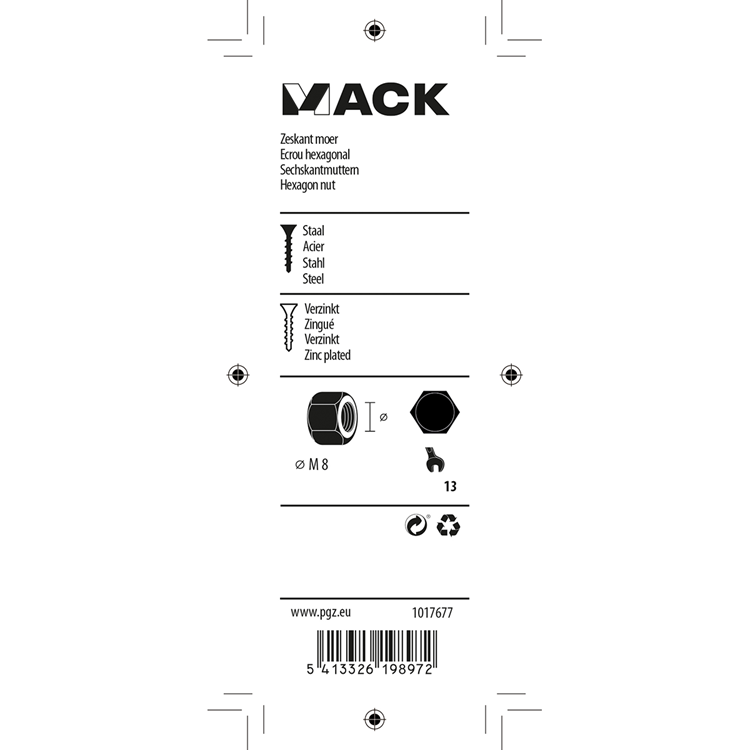 Mack 1017677 - zeskant moer staal verzinkt 20 st m 8 | 10 stuks