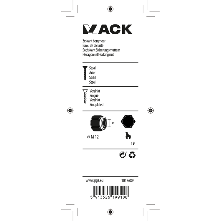 Mack 1017689 - zeskant borgmoer staal verzinkt 4 st m12 | 10 stuks