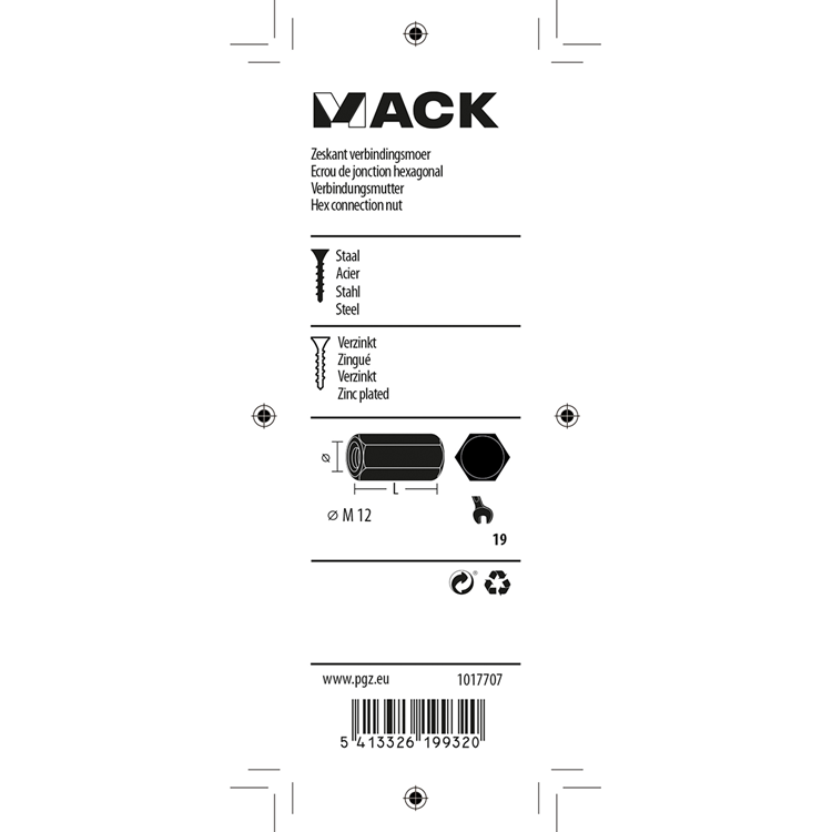 Mack 1017707 - zeskant verbindingsmoer verzinkt 1 st m12 | 5 stuks