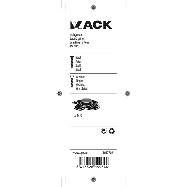 Mack 1017708 - inslagmoer staal verzinkt 4 st m5 | 10 stuks
