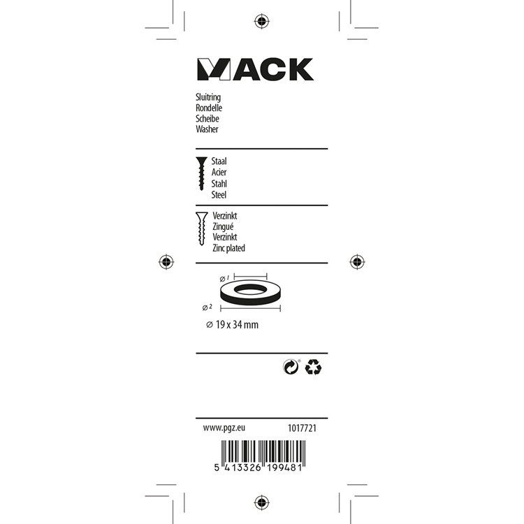 Mack 1017721 - sluitring staal verzinkt 5 st 19 x 34 mm | 10 stuks