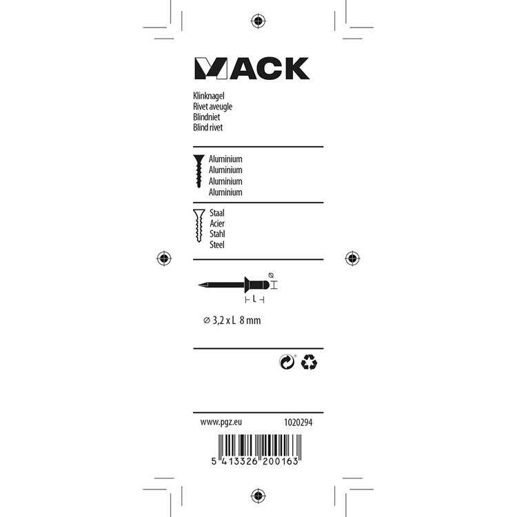 Mack 1020294 - 40 blindnieten alu 3,2x8mm | 10 stuks