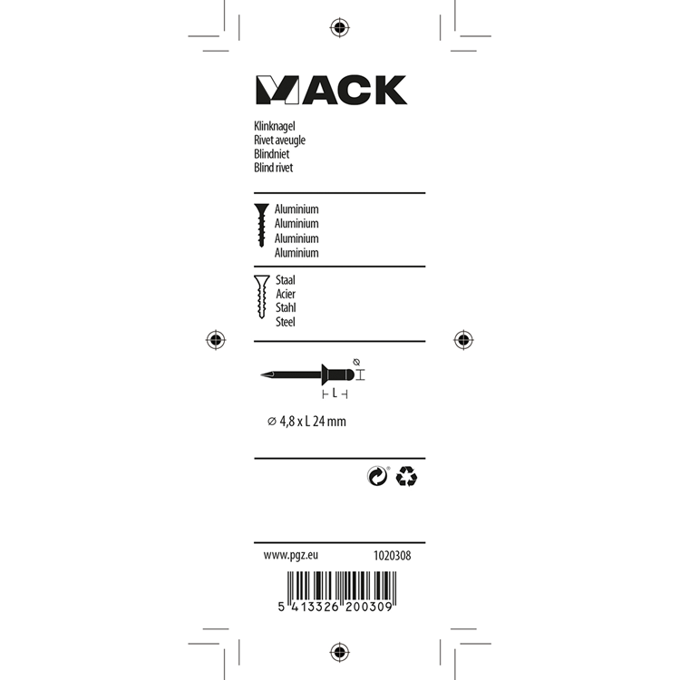 Mack 1020308 - 13 blindnieten alu 4,8x24mm | 5 stuks