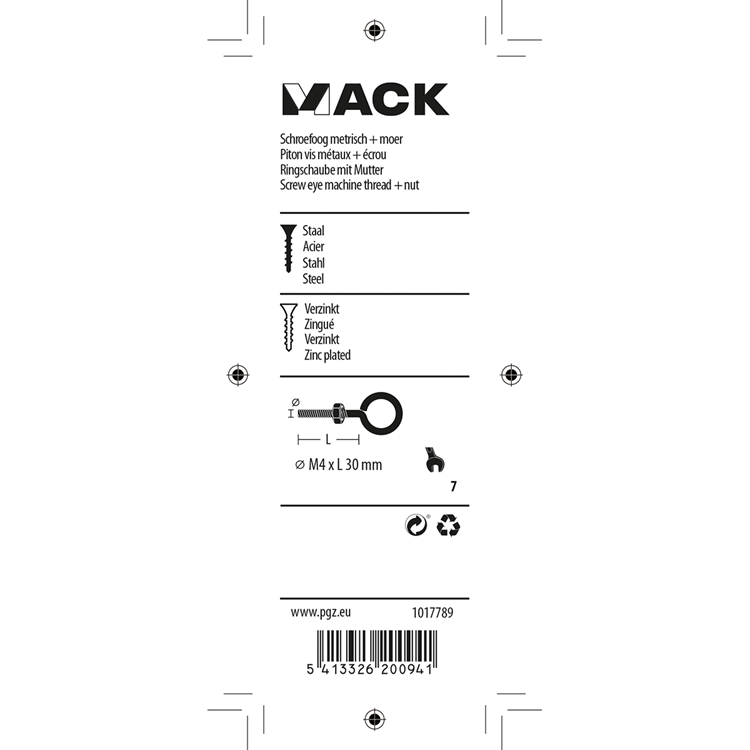 Mack 1017789 - schroefoog metrisch + moer verzinkt 5 st m4 x 30 mm | 10 stuks