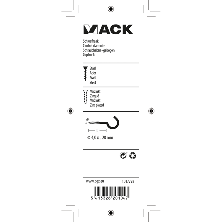 Mack 1017798 - schroefhaak staal verzinkt 8st 4,0 x 20 mm | 10 stuks
