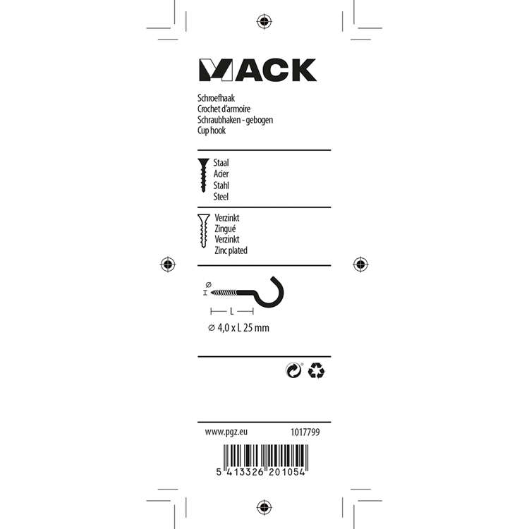 Mack 1017799 - schroefhaak staal verzinkt 7st 4,0 x 25 mm | 10 stuks