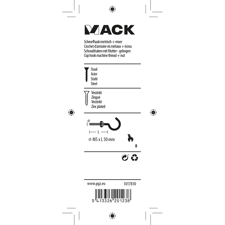 Mack 1017810 - schroefhaak metrisch + moer verzinkt 4st m5 x 50 mm | 10 stuks