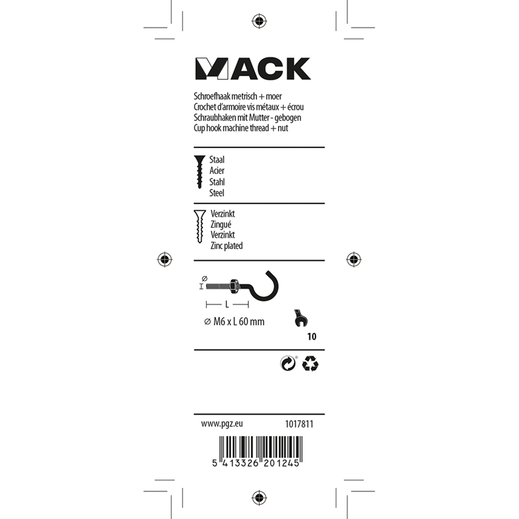 Mack 1017811 - schroefhaak metrisch + moer verzinkt 3st m6 x 60 mm | 10 stuks