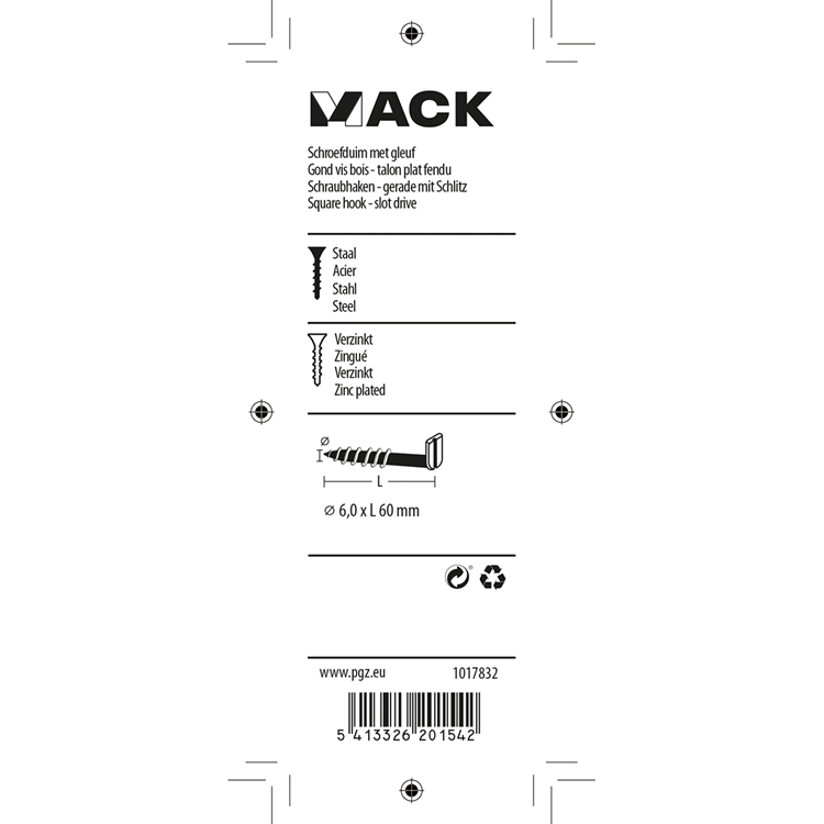 Mack 1017832 - schroefduim met gleuf staal verz. 4 st 6,0 x 60 mm | 10 stuks