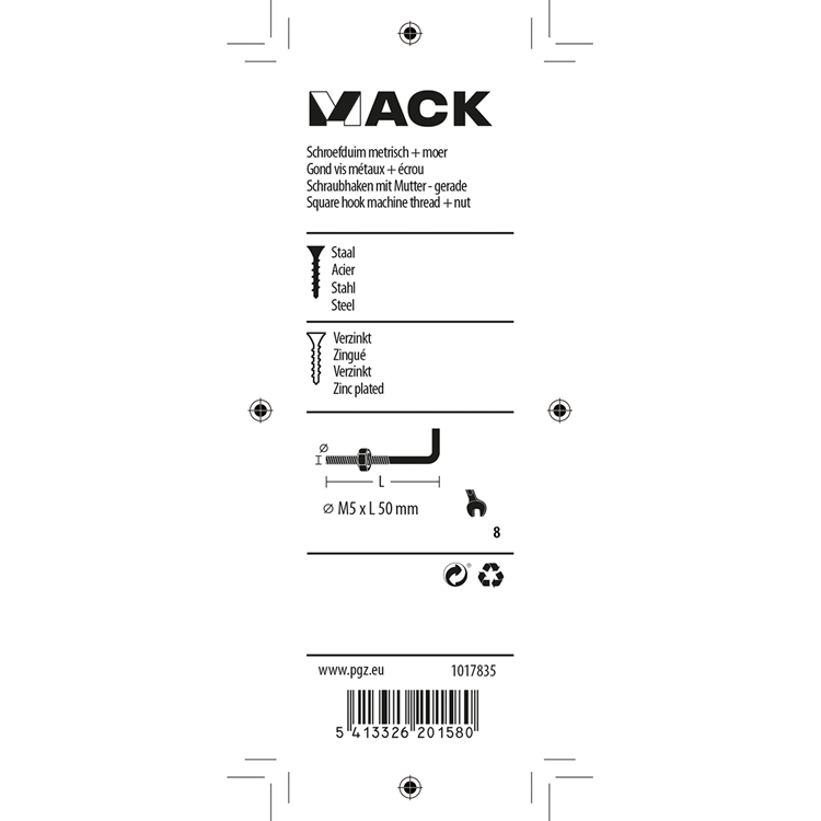 Mack 1017835 - schroefduim metrisch + moer staal 4 st m5 x 50 mm | 10 stuks
