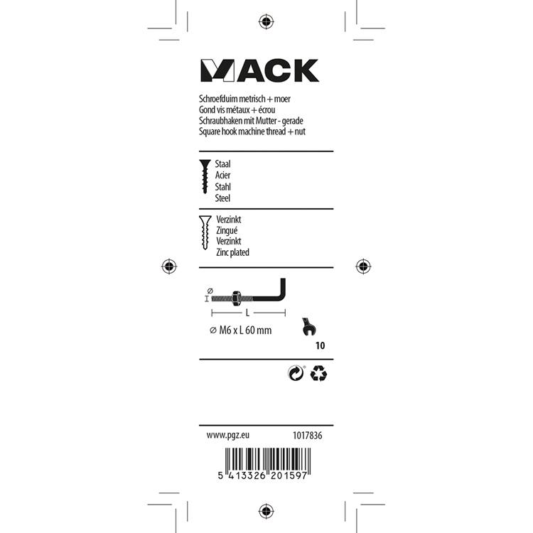 Mack 1017836 - schroefduim metrisch + moer staal 3 st m6 x 60 mm | 10 stuks