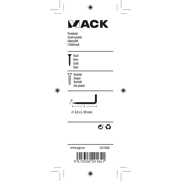Mack 1017840 - puntduim staal verzinkt 8 st 4,0 x 40 mm | 10 stuks