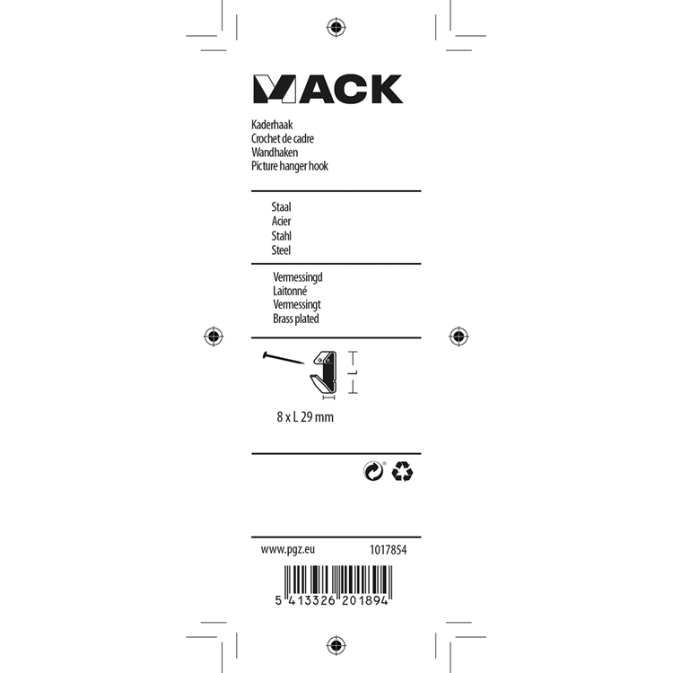 Mack 1017854 - kaderhaak staal vermessingd 10 st 8 x 29 mm | 10 stuks