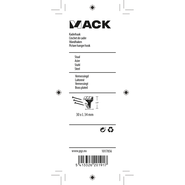 Mack 1017856 - kaderhaak staal vermessingd 4st 30 x 34 mm | 5 stuks