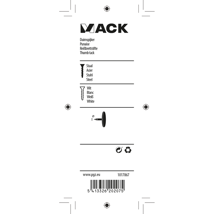 Mack 1017867 - duimspijker staal wit 60 st | 10 stuks