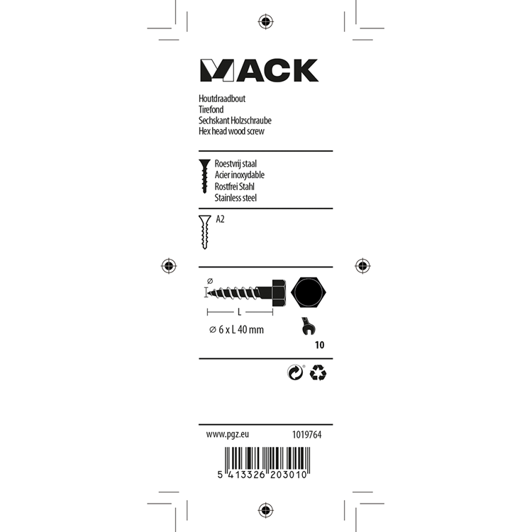 Mack 1019764 - houtdraadbout roestvrijstaal 4 st 6 x 40 mm | 10 stuks