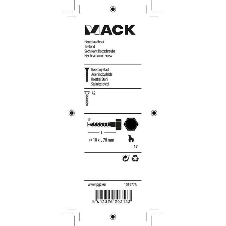 Mack 1019776 - houtdraadbout roestvrijstaal 2st 10 x 70 mm | 10 stuks