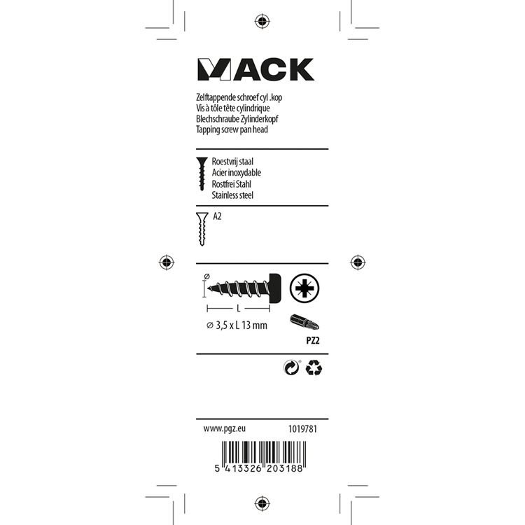 Mack 1019781 - zelftappende schroef cyl.kop a2 14 st 3,5 x 13 mm | 10 stuks