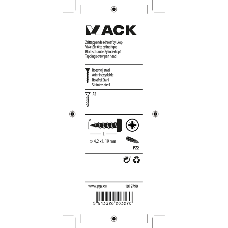 Mack 1019790 - zelftappende schroef cyl.kop a2 10 st 4,2 x 19 mm | 10 stuks