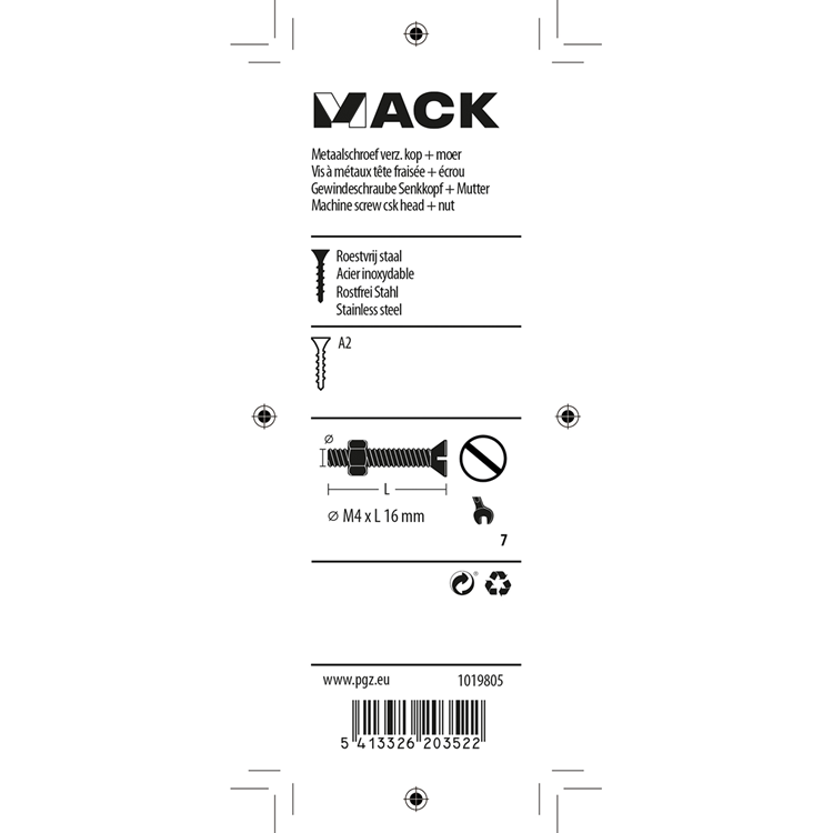 Mack 1019805 - metaalschroef verz. kop + moer rvs 13 st m4x16 | 10 stuks
