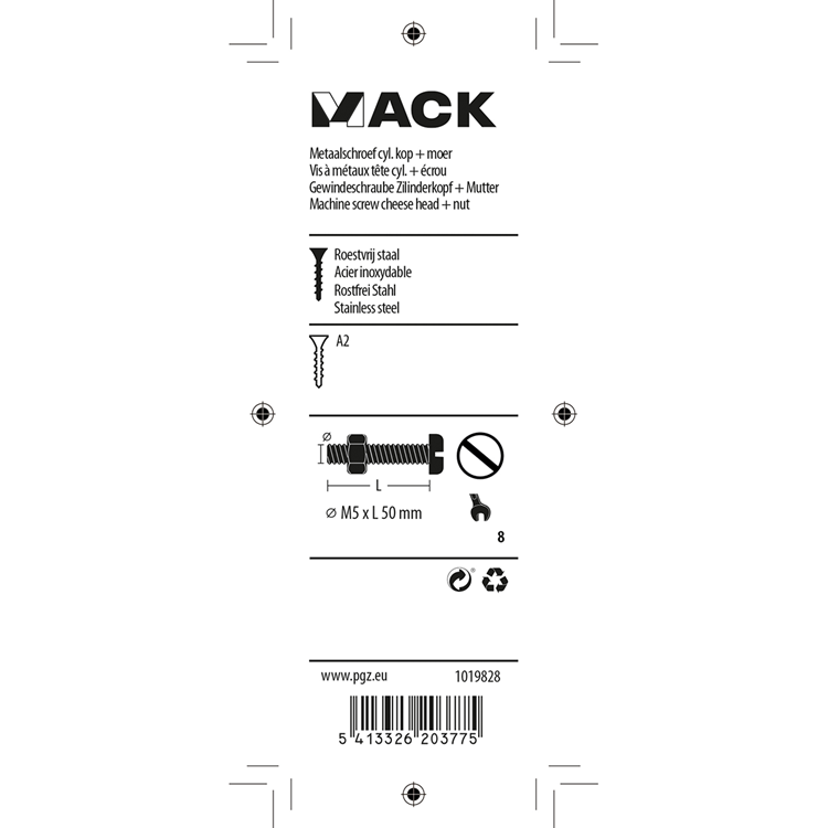 Mack 1019828 - metaalschroef cyl. kop + moer rvs 4 st m5x50 | 10 stuks