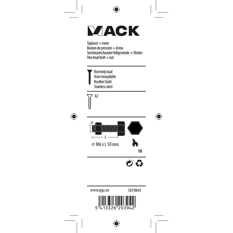 Mack 1019844 - tapbout + moer roestvrijstaal 3 st m6x50 | 10 stuks
