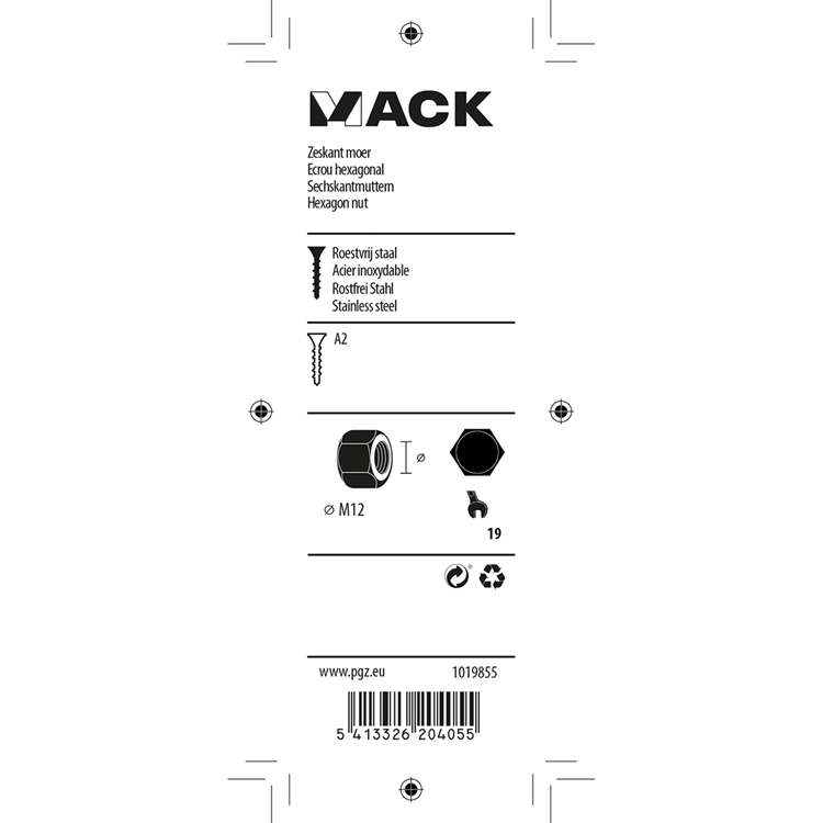 Mack 1019855 - zeskantmoer inox a2 2 st m12 | 10 stuks