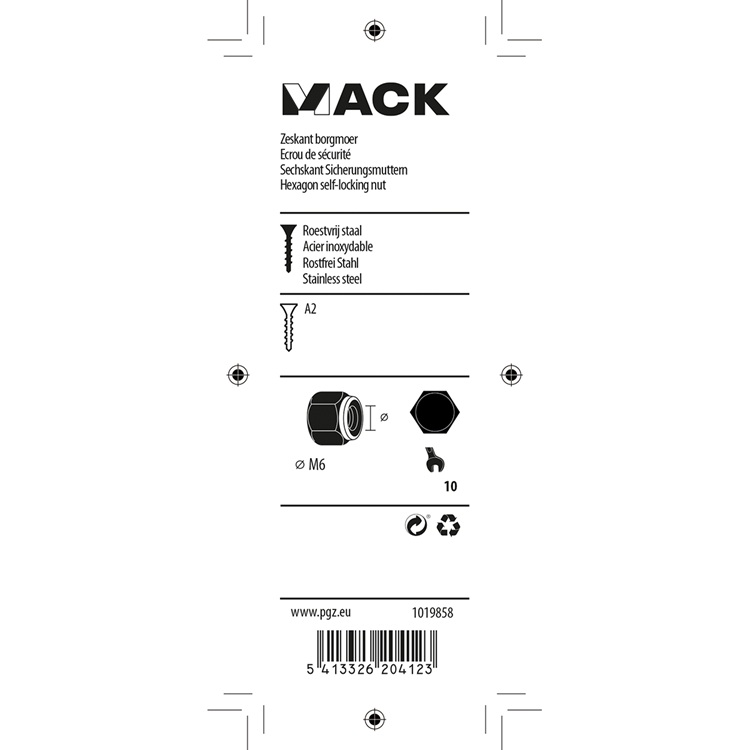 Mack 1019858 - zeskant borgmoer inox a2 6 st m 6 | 10 stuks