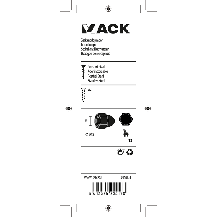 Mack 1019863 - zeskant dopmoer inox a2 2st m8 | 10 stuks