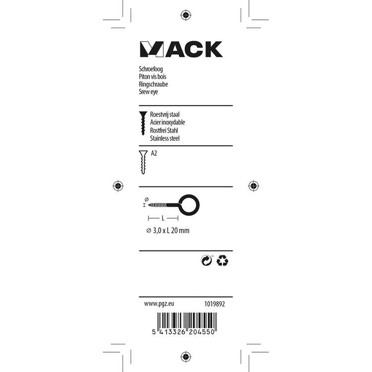 Mack 1019892 - schroefoog roestvrijstaal 2 st 3,0 x 20 mm | 10 stuks