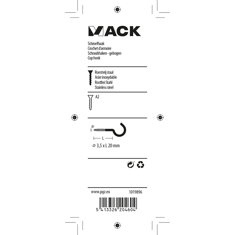 Mack 1019896 - schroefhaak roestvrijstaal 2 st 3,5 x 20 mm | 10 stuks