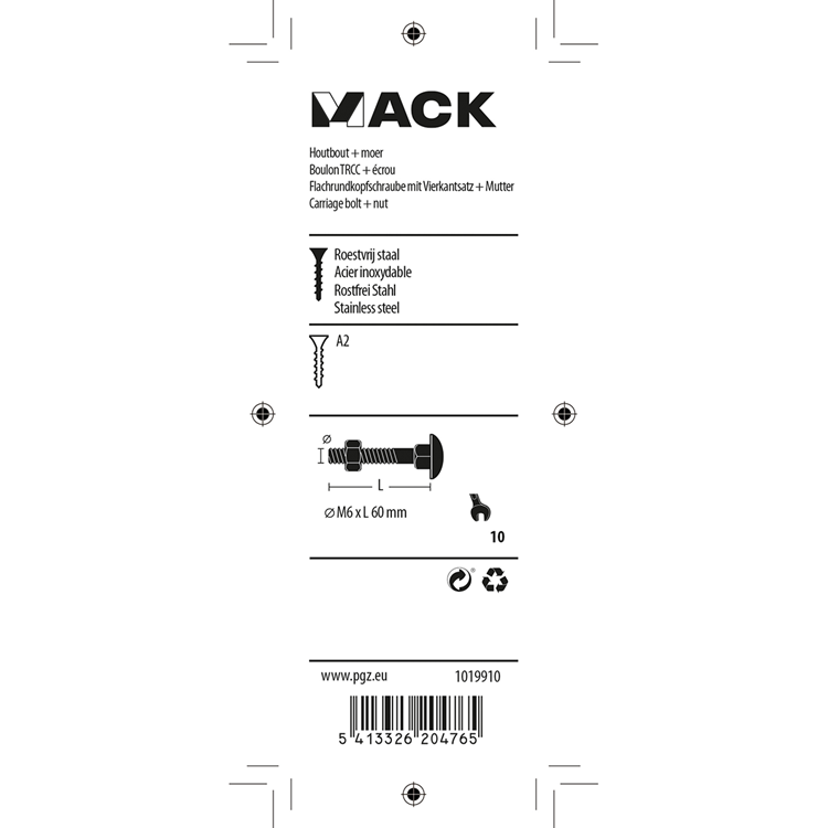 Mack 1019910 - houtbout + moer roestvrijstaal 2 st m6 x 60 mm | 10 stuks