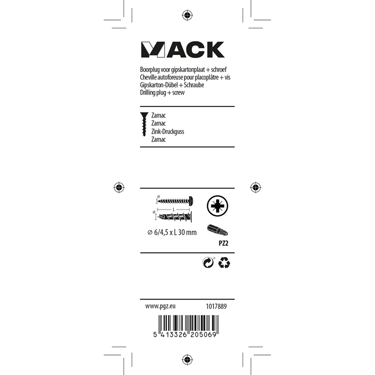 Mack 1017889 - boorplug vr gipskart.plt + schr.zamac 4st 6 x 38 mm | 10 stuks