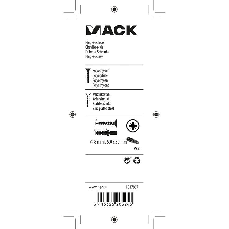 Mack 1017897 - plug + schroef polyethyleen 10 st 8 mm 5,0 x 50 mm | 5 stuks