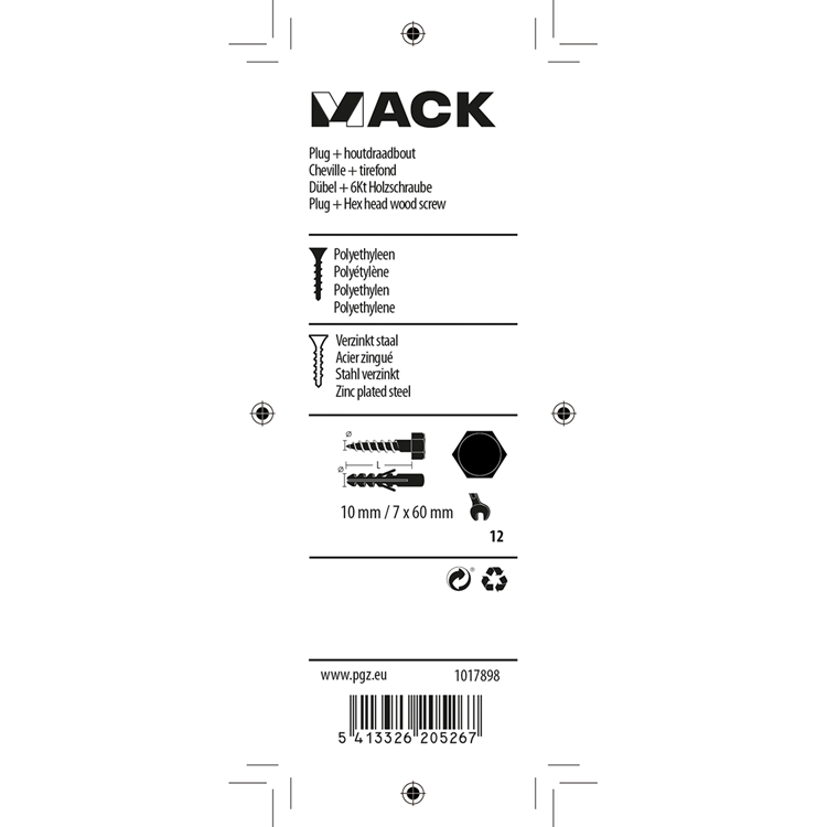 Mack 1017898 - plug + houtdraadbout polyeth 4 st 10 mm 7x60 mm | 5 stuks