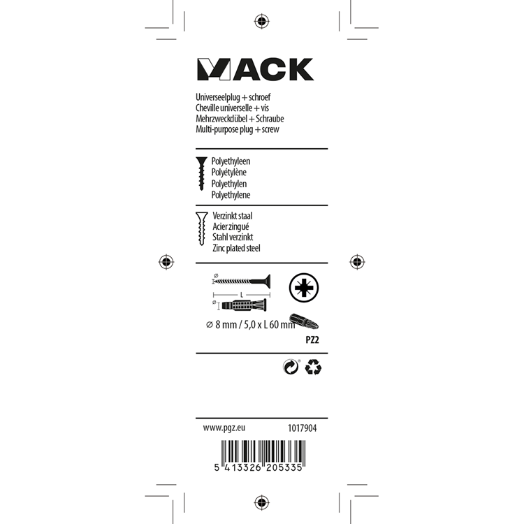Mack 1017904 - universeelplug + schroef polyeth8 st 8mm 5,0x60mm | 5 stuks