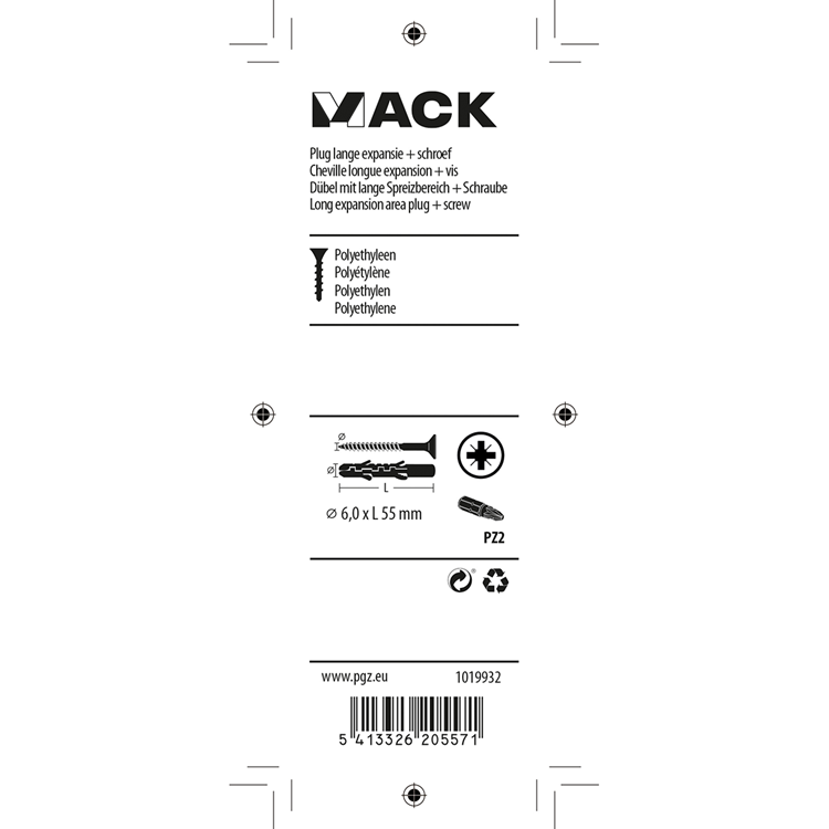 Mack 1019932 - plug lange exp.polyeth. + schr. 4x70 12st 6 x 55 mm | 5 stuks