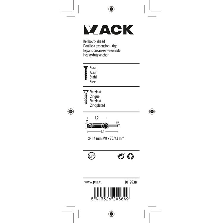 Mack 1019938 - keilbout met draadst. verzinkt 3 st m8x75 42mm | 5 stuks