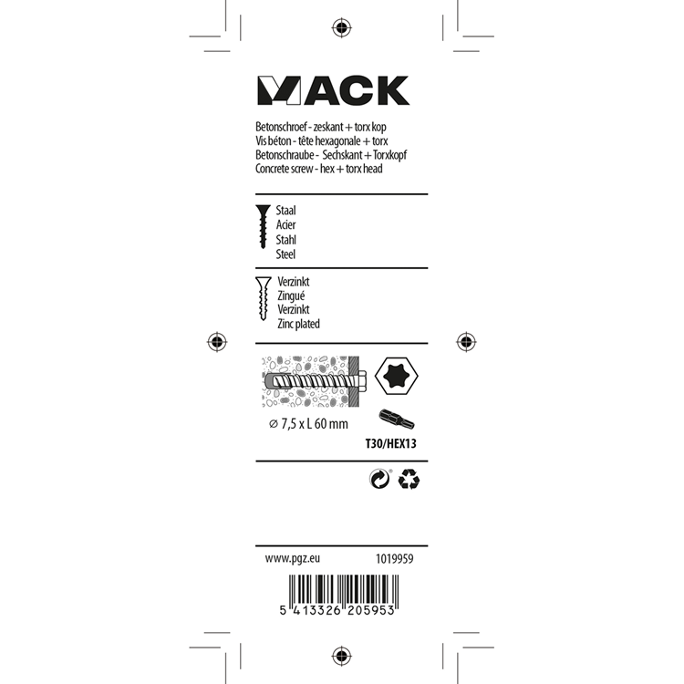 Mack 1019959 - betonschroef verzinkt 6kant 4st 7,5 x 60 mm | 5 stuks